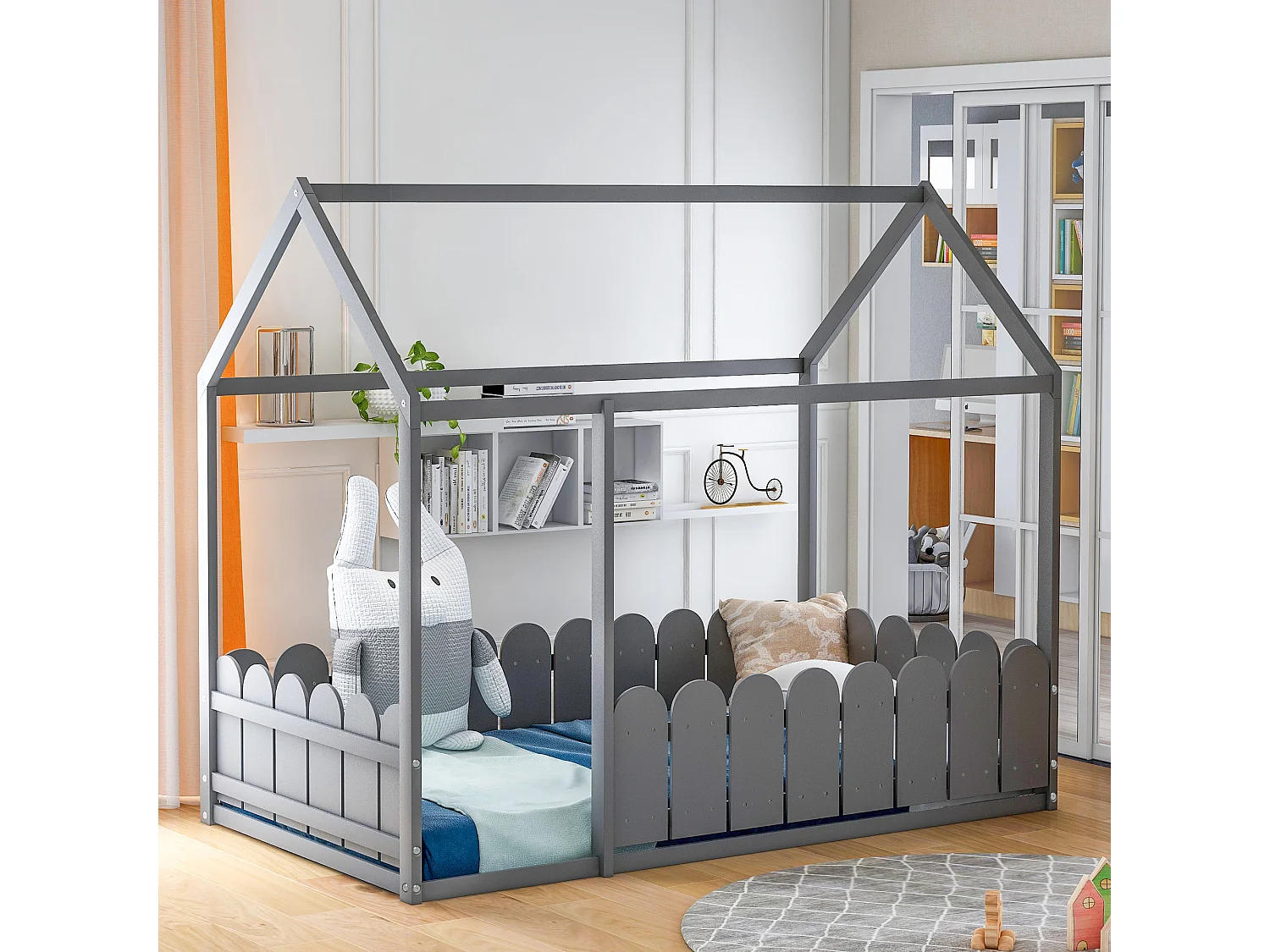Lit Cabane Enfant En Bois - Lit De Sol - Cadre De Lit 80X160 cm - Lit De Jeu - Gris - A