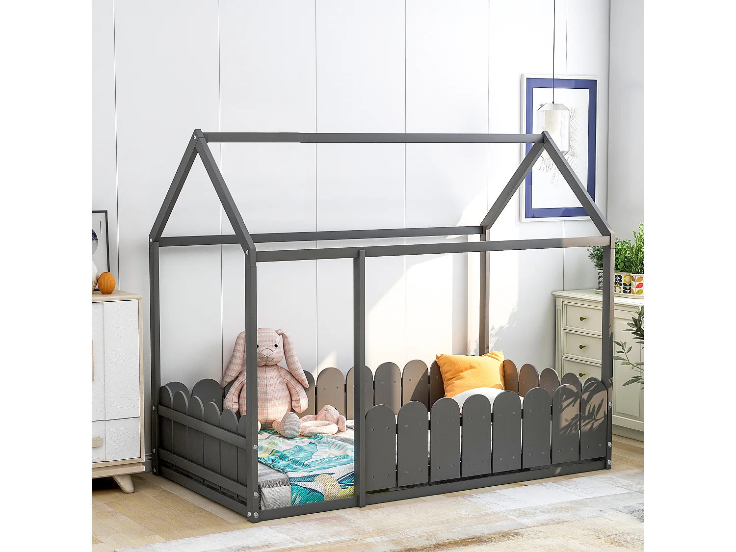Lit Cabane Enfant En Bois - Lit De Sol - Cadre De Lit 80X160 cm - Lit De Jeu - Gris - A