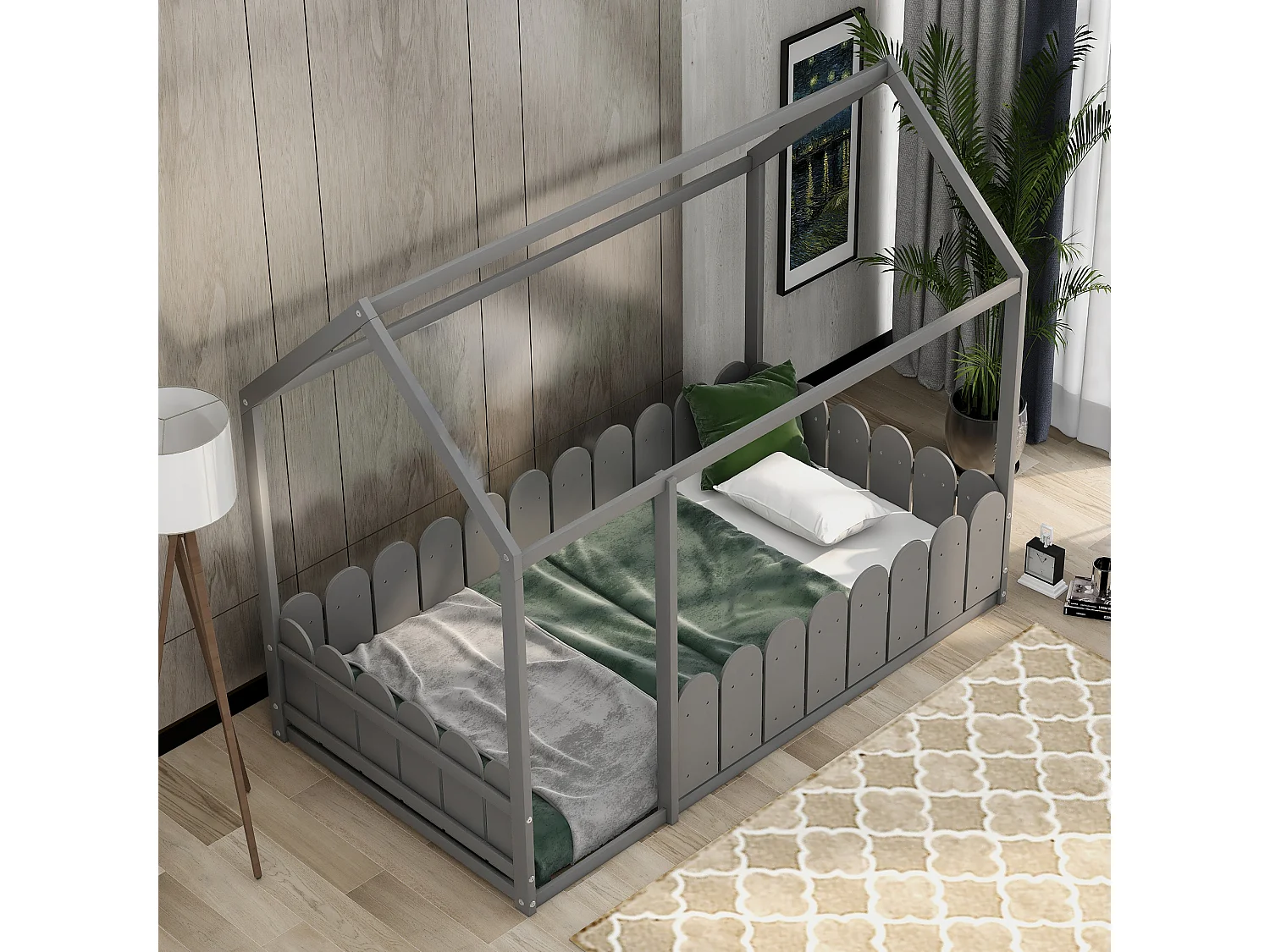 Lit Cabane Enfant En Bois - Lit De Sol - Cadre De Lit 80X160 cm - Lit De Jeu - Gris - A
