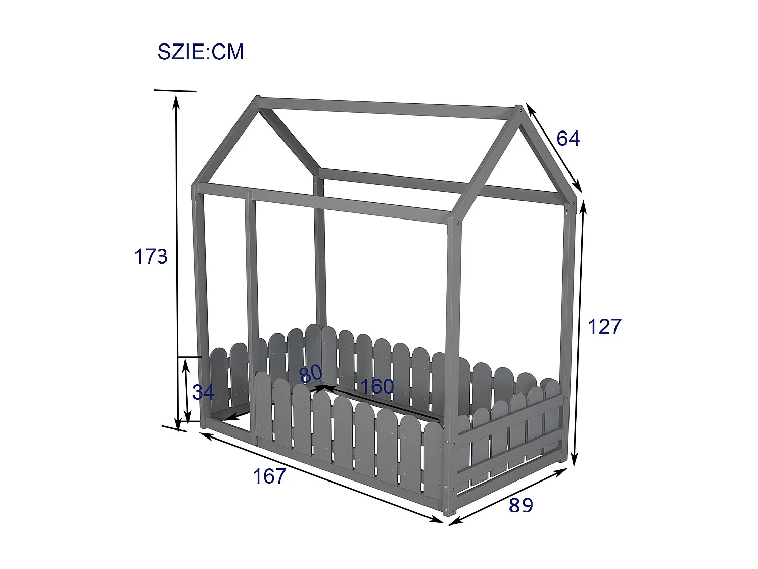 Lit Cabane Enfant En Bois - Lit De Sol - Cadre De Lit 80X160 cm - Lit De Jeu - Gris - A