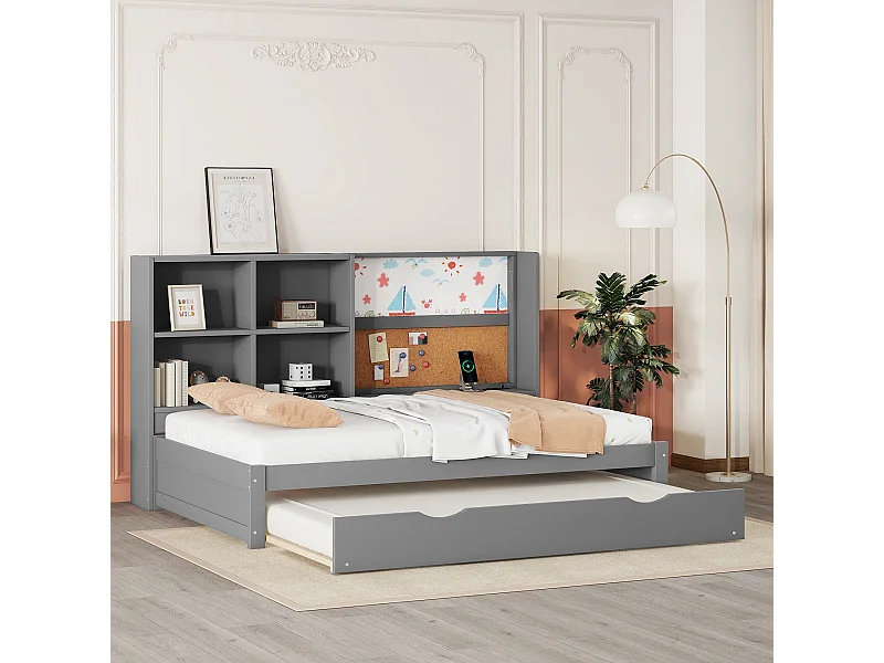 Canapé - lit gris 90 * 200cm avec lit gigogne, port de charge USB, plusieurs compartiments de rangement