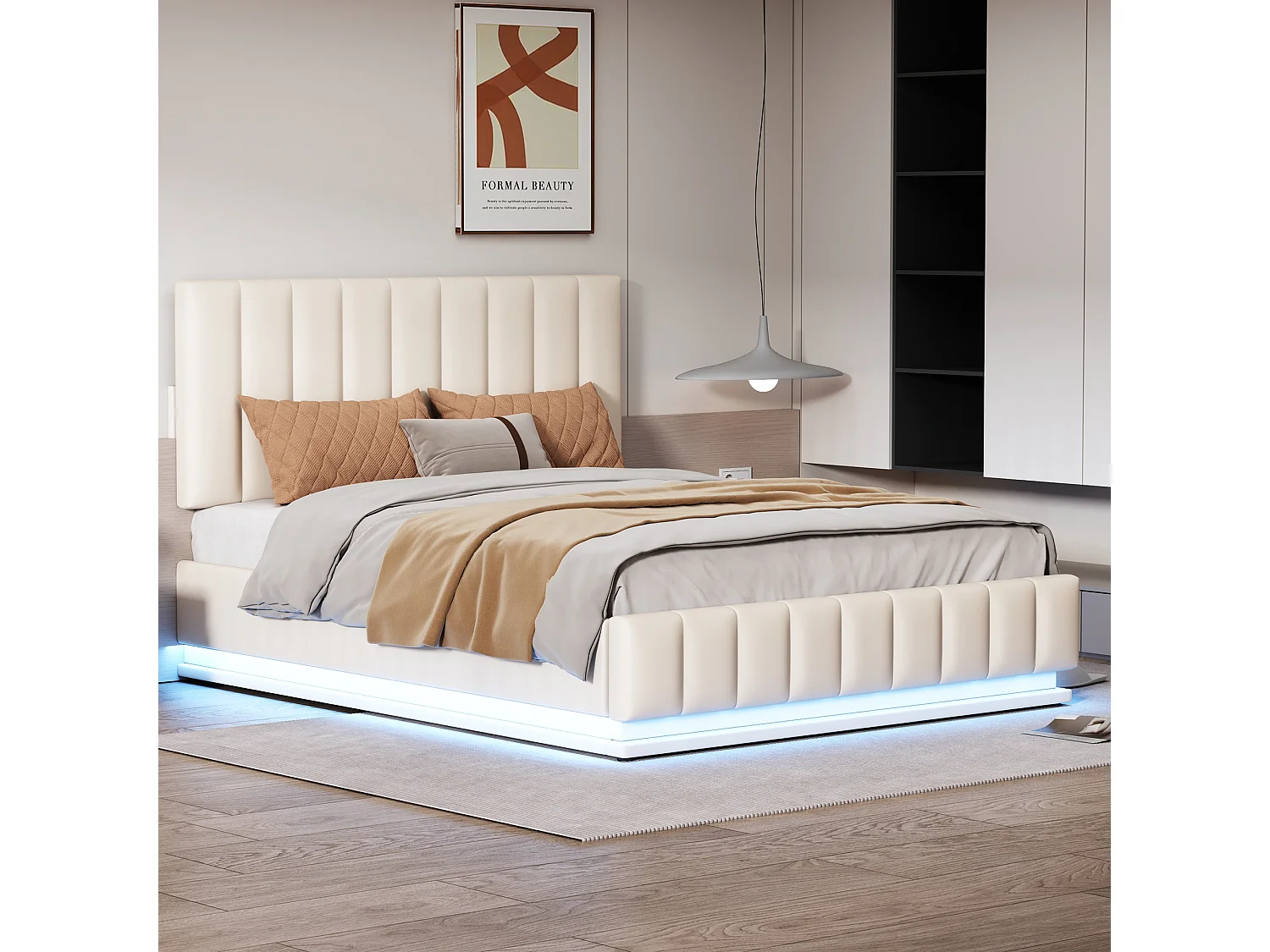 Lit Capitonné Double LED - Sommier À Lattes & Tête De Lit Réglable En Hauteur & Rangement - 140 X 200 cm - Beige - Sans Matelas