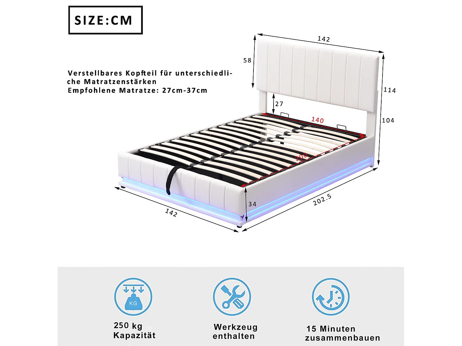 Lit Capitonné Double LED - Sommier À Lattes & Tête De Lit Réglable En Hauteur & Rangement - 140 X 200 cm - Beige - Sans Matelas