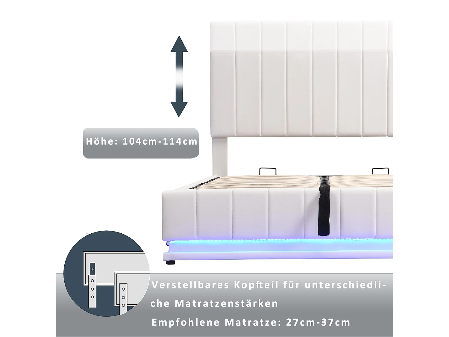 Lit Capitonné Double LED - Sommier À Lattes & Tête De Lit Réglable En Hauteur & Rangement - 140 X 200 cm - Beige - Sans Matelas