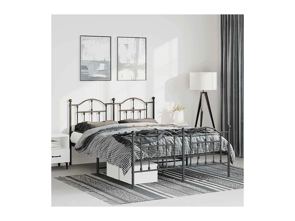 Cadre de lit métal sans matelas avec pied de lit noir 135x190cm