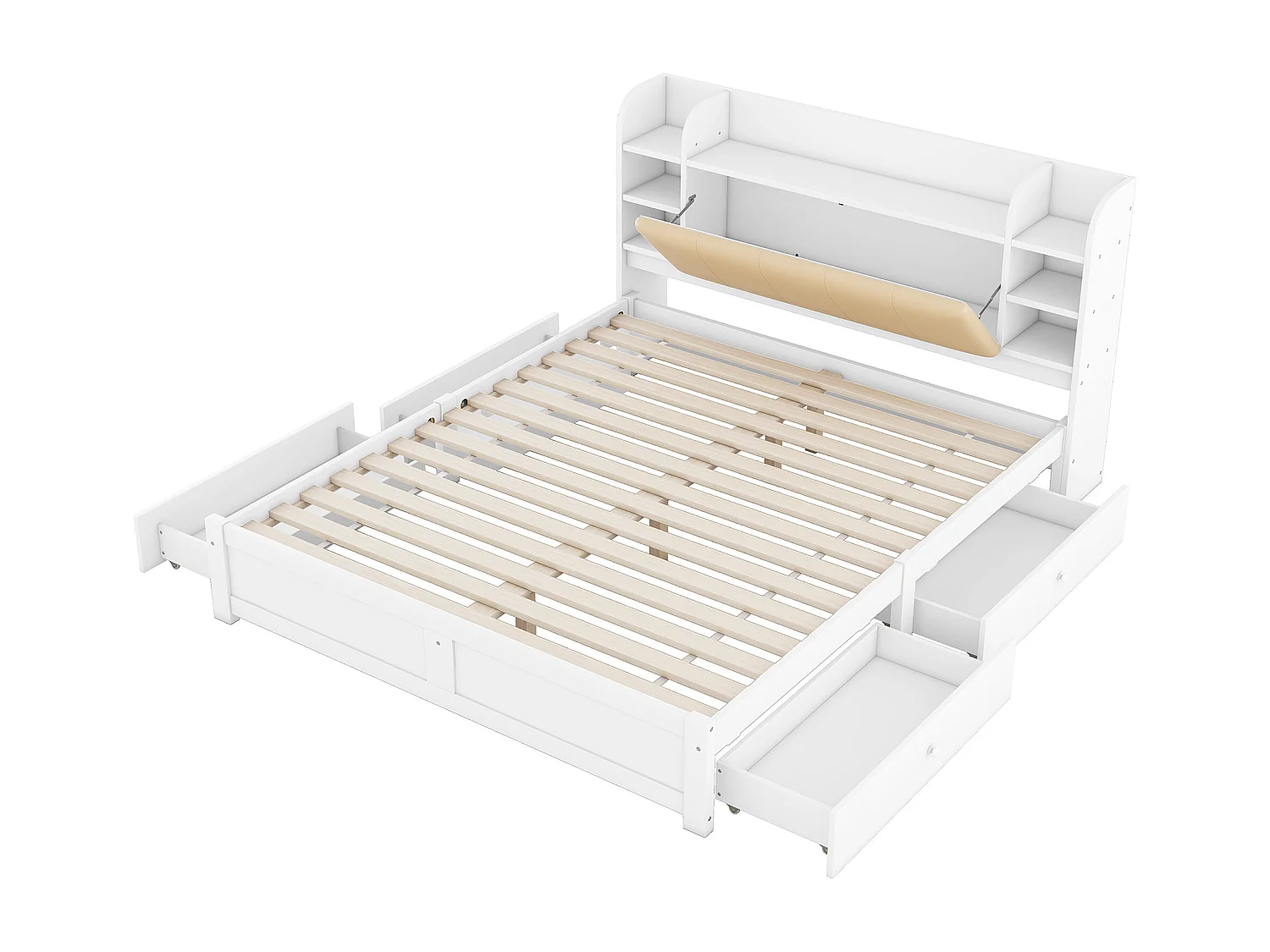 Cama acolchoada para adulto 180 x 1290 cm, sem cabeceira, com faixa LED (monocromática), base com suspensão hidráulica, bege.