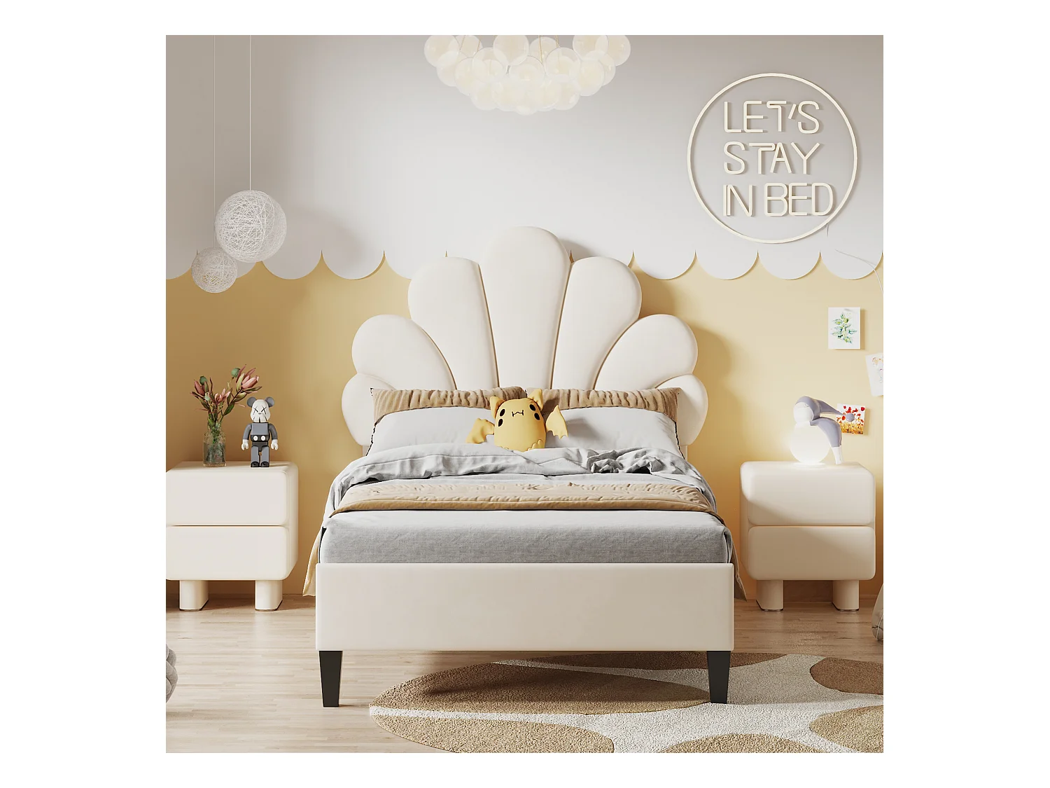 Lit Simple Rembourré 90 X 200 cm - Cadre De Lit Avec Tête De Lit Forme Fleur et Sommier À Lattes  - En Velours - Beige