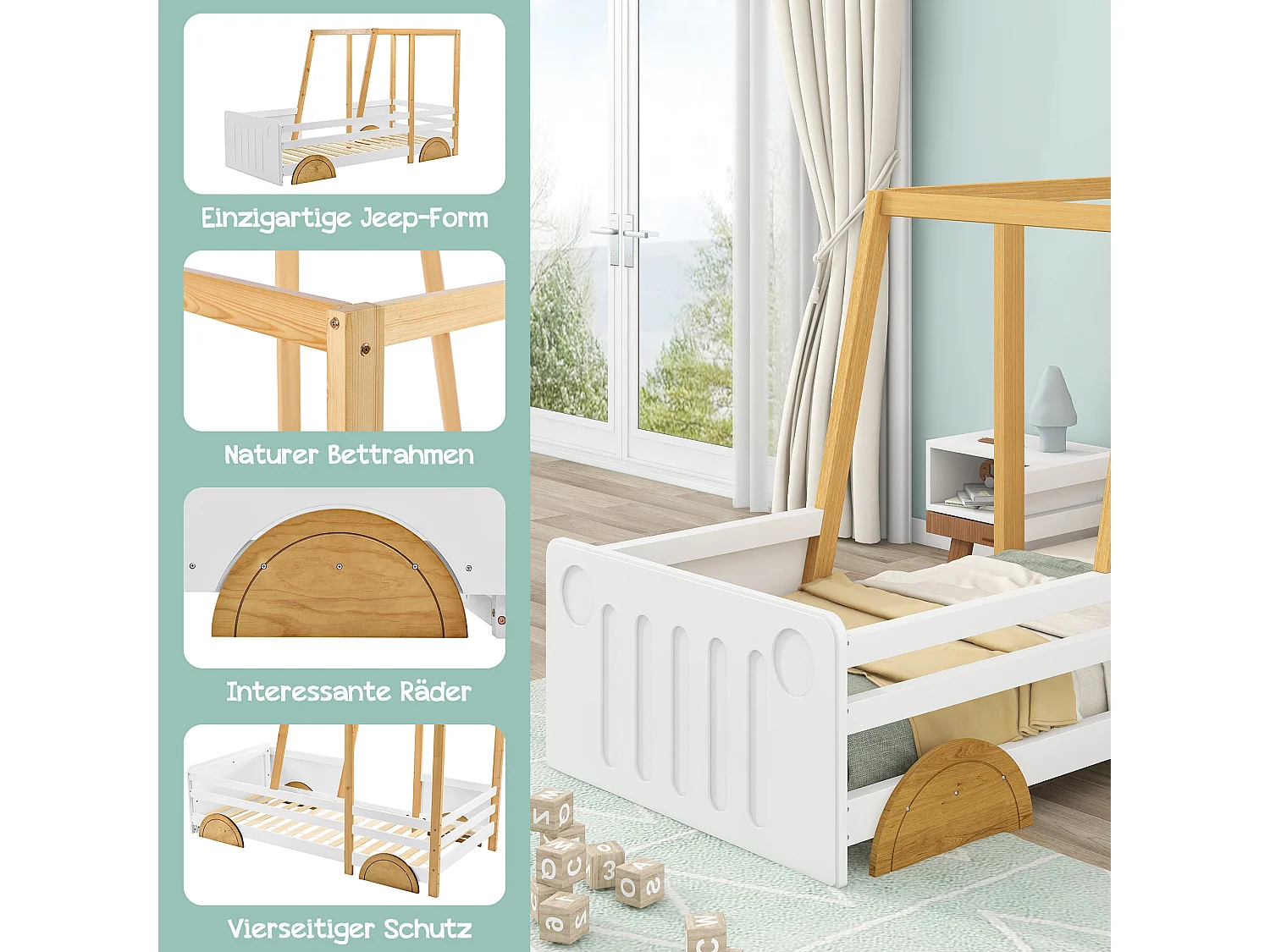 Lit Voiture Jeep Enfant 90 X 200 cm Avec Roulettes Mdf - Cadre De Lit Simple En Pin - Blanc