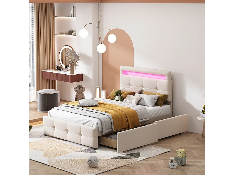 Cama acolchoada para adulto 180 x 847 cm, sem cabeceira, com faixa LED (monocromática), base com suspensão hidráulica, bege.