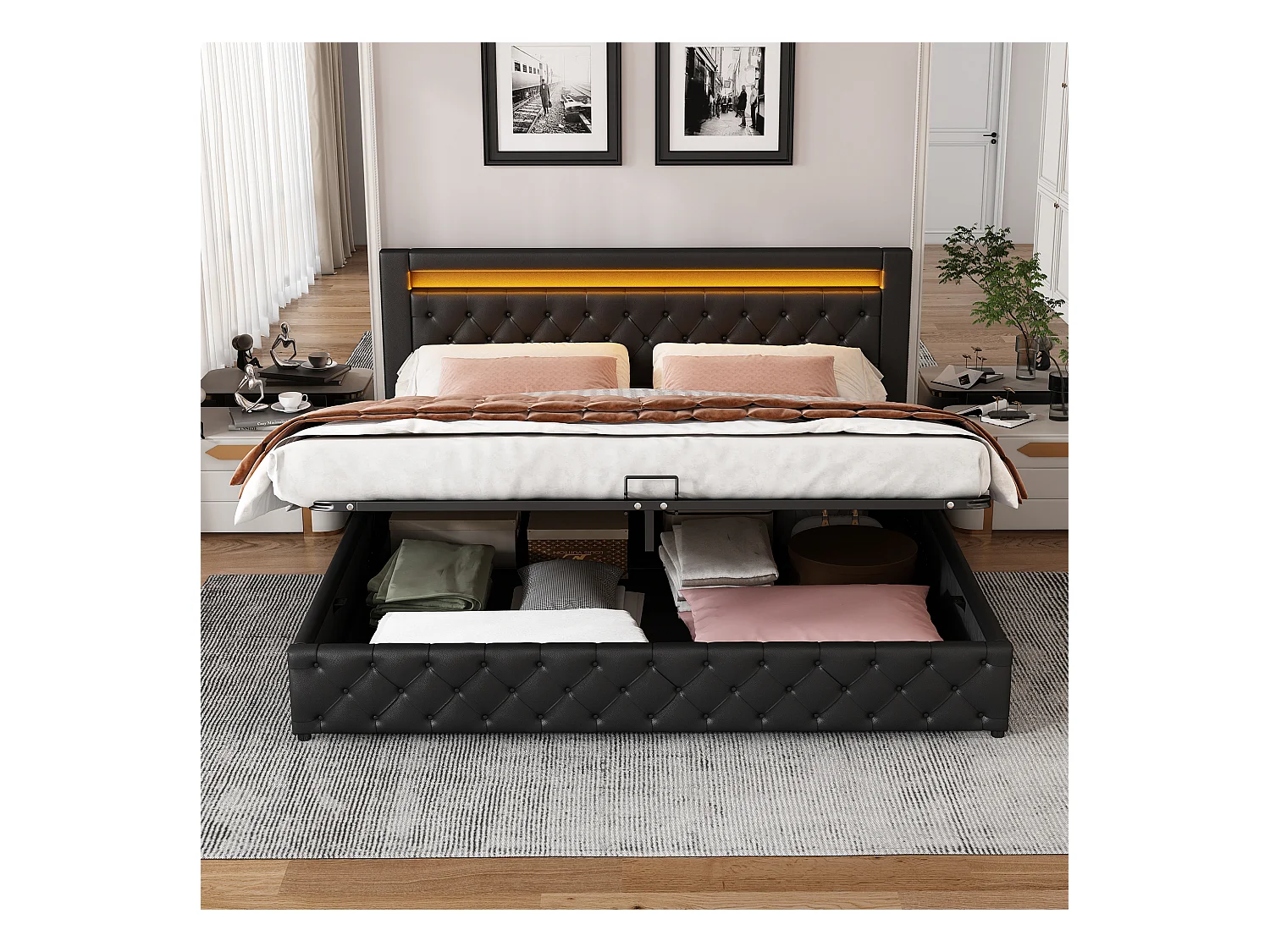 Lit Capitonné LED 180 X 200 cm - Sommier À Lattes et Rangements - Pu - Noir