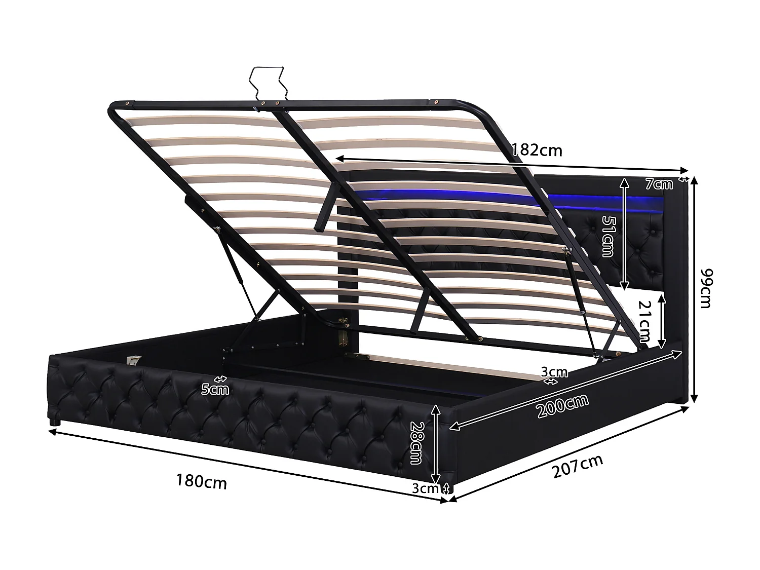 Lit Capitonné LED 180 X 200 cm - Sommier À Lattes et Rangements - Pu - Noir