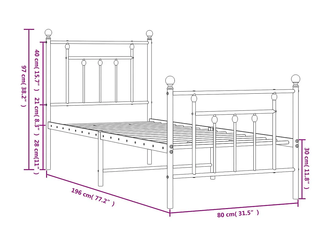 Bedframe met hoofd- en voeteneinde metaal zwart 75x190 cm