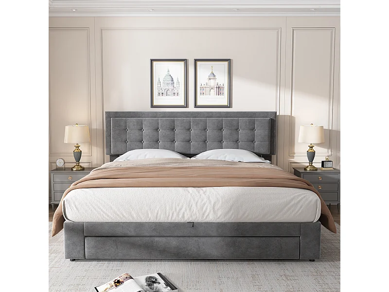 Cama acolchoada para adulto 180 x 591 cm, sem cabeceira, com faixa LED (monocromática), base com suspensão hidráulica, bege.