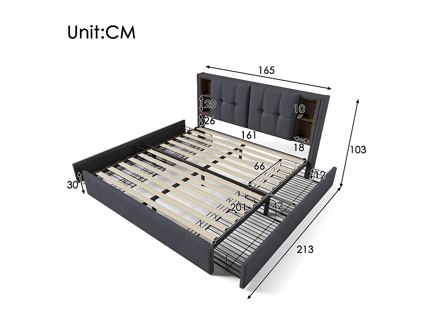 Cama acolchoada para adulto 180 x 1352 cm, sem cabeceira, com faixa LED (monocromática), base com suspensão hidráulica, bege.