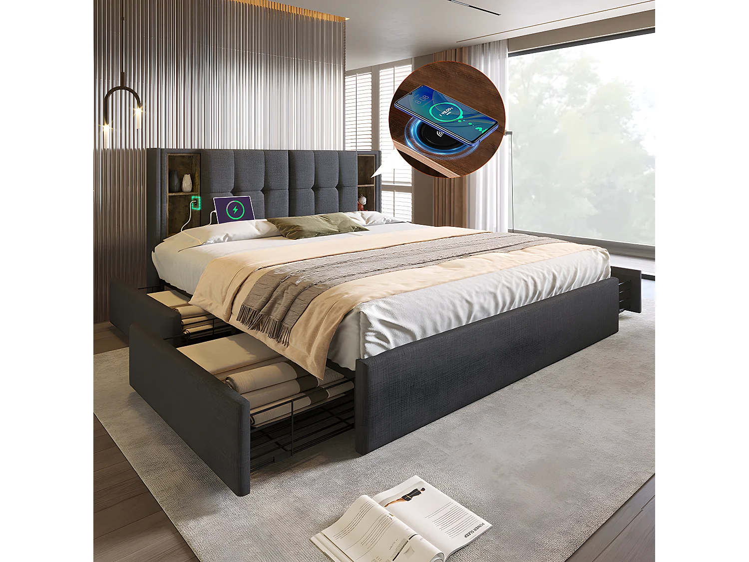 Lit adulte avec chargement sans fil USB C& 4 tiroirs , Lit rembourré Cadre de lit 160x200cm,Sommier à lattes en bois-gris lin (sans matelas)