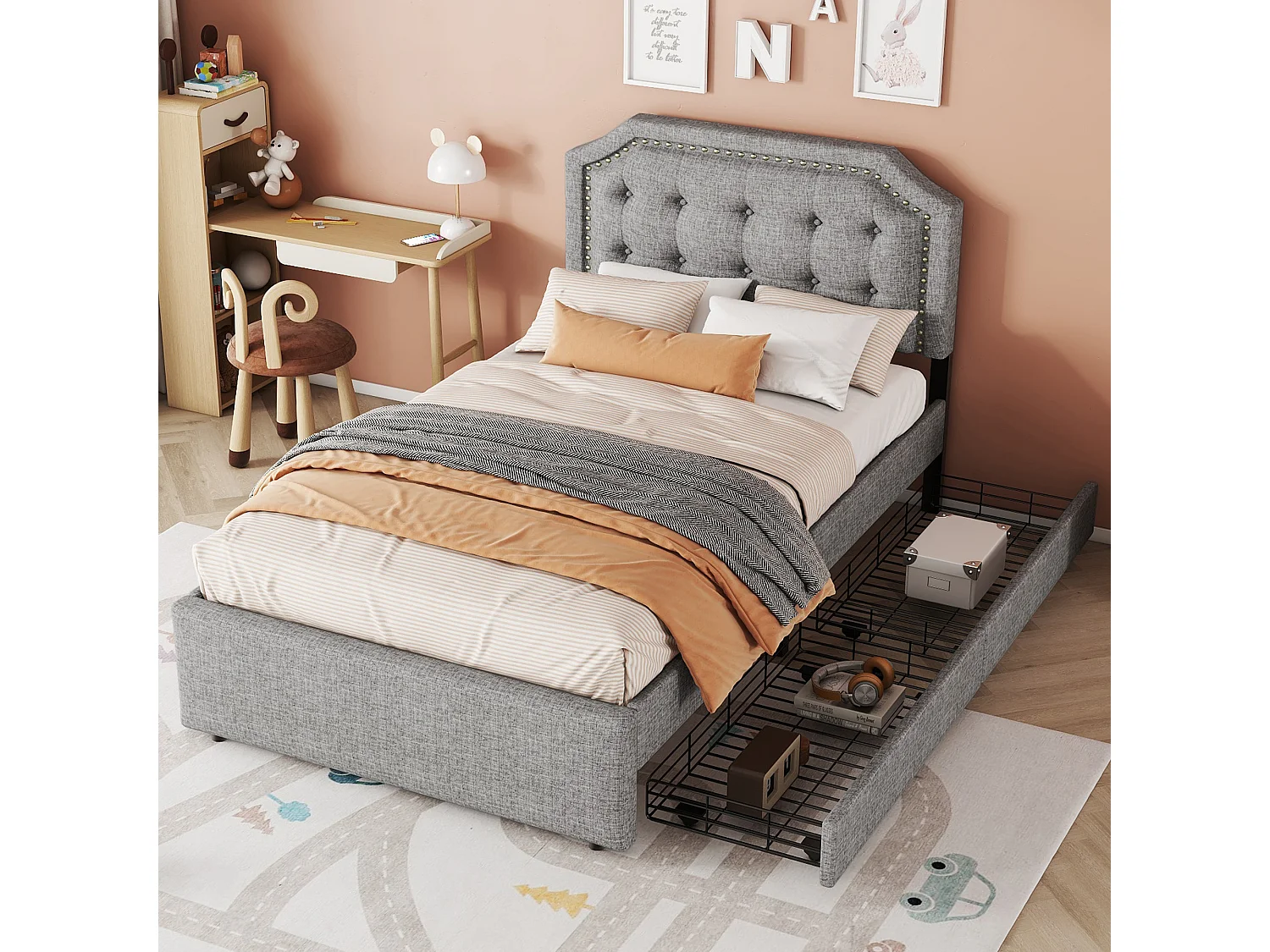 Lit plat rembourré gris 90 * 200 cm, double tiroir, décoration de chevet avec rivets décoratifs
