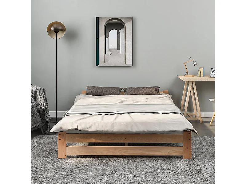 Lit En Bois Massif - 200 X140 cm - Avec Tête De Lit Et Sommier À Lattes - Nature