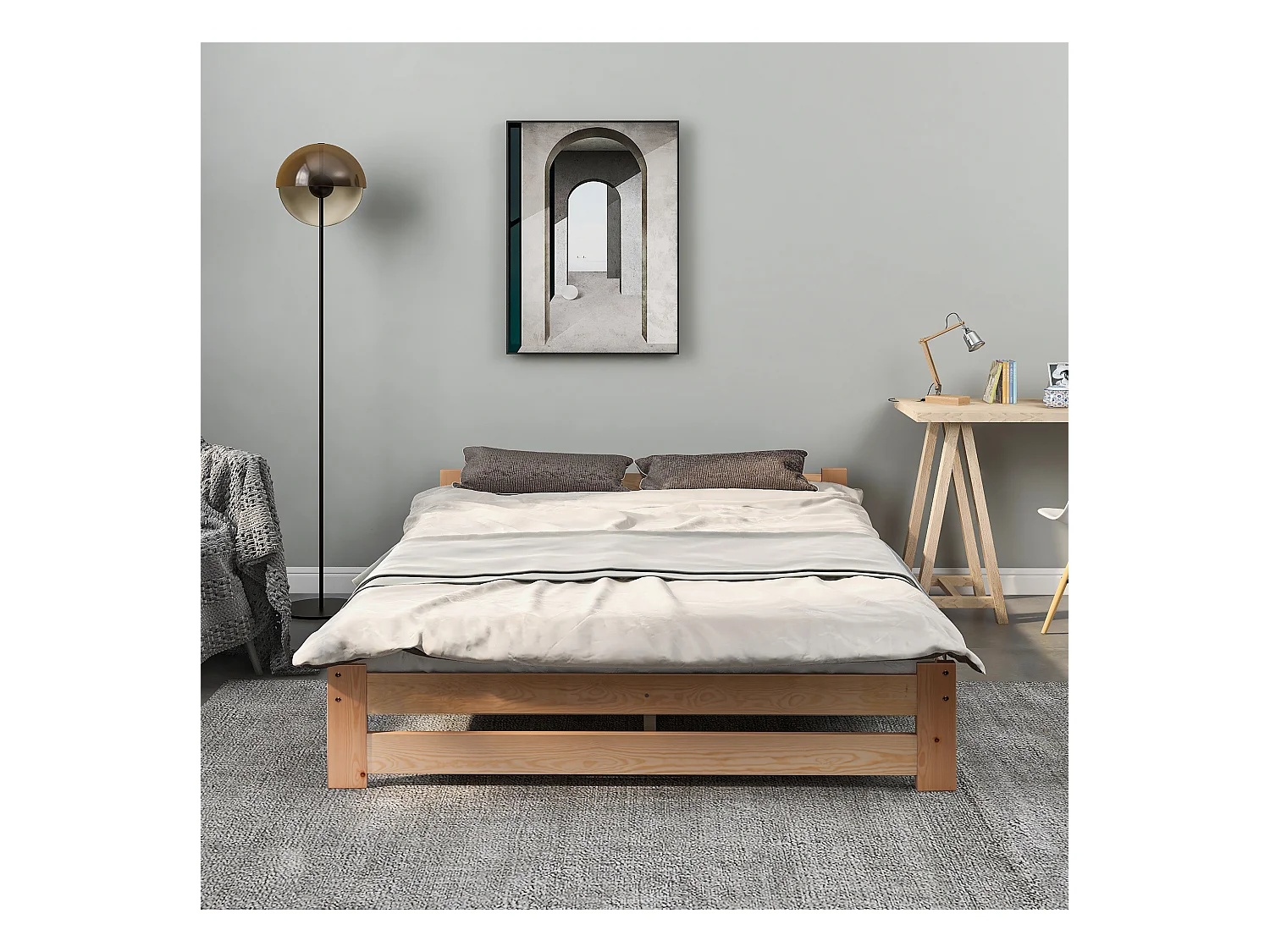 Lit En Bois Massif - 200 X140 cm - Avec Tête De Lit Et Sommier À Lattes - Nature