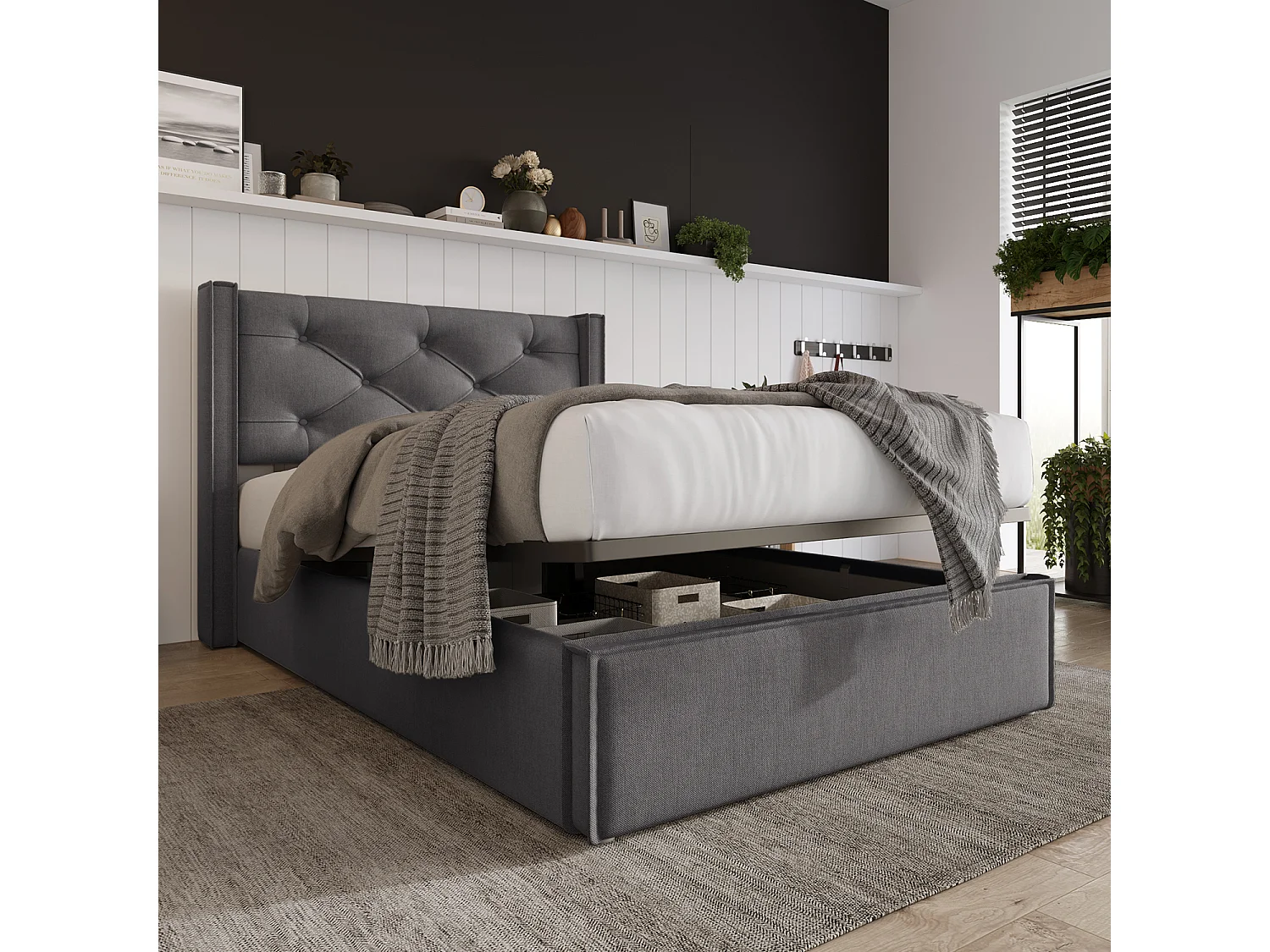 Lit coffre Lit rembourré 90x200cm,Lit avec sommier à lattes métalliques, Cadre de lit moderne avec espace de rangement, Coton, Gris