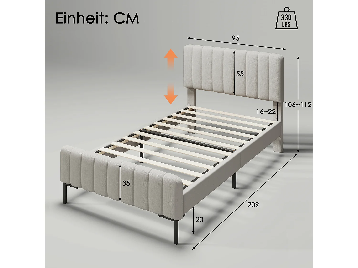 Cama acolchoada para adulto 180 x 1341 cm, sem cabeceira, com faixa LED (monocromática), base com suspensão hidráulica, bege.