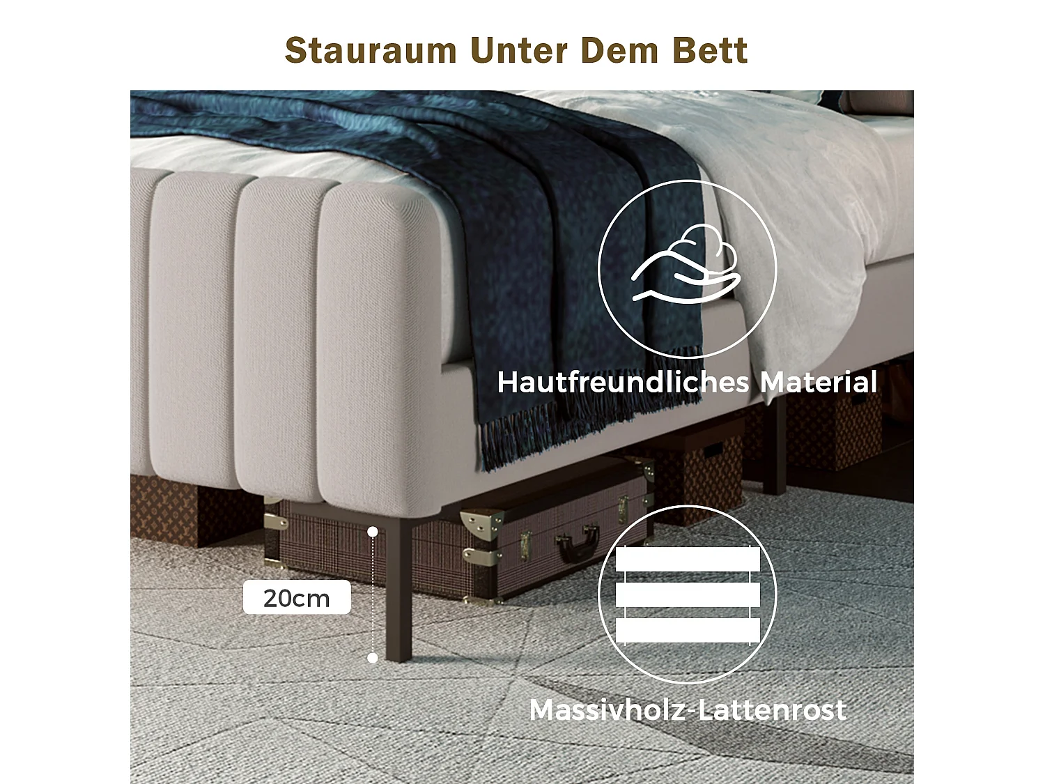 Cama acolchoada para adulto 180 x 1341 cm, sem cabeceira, com faixa LED (monocromática), base com suspensão hidráulica, bege.