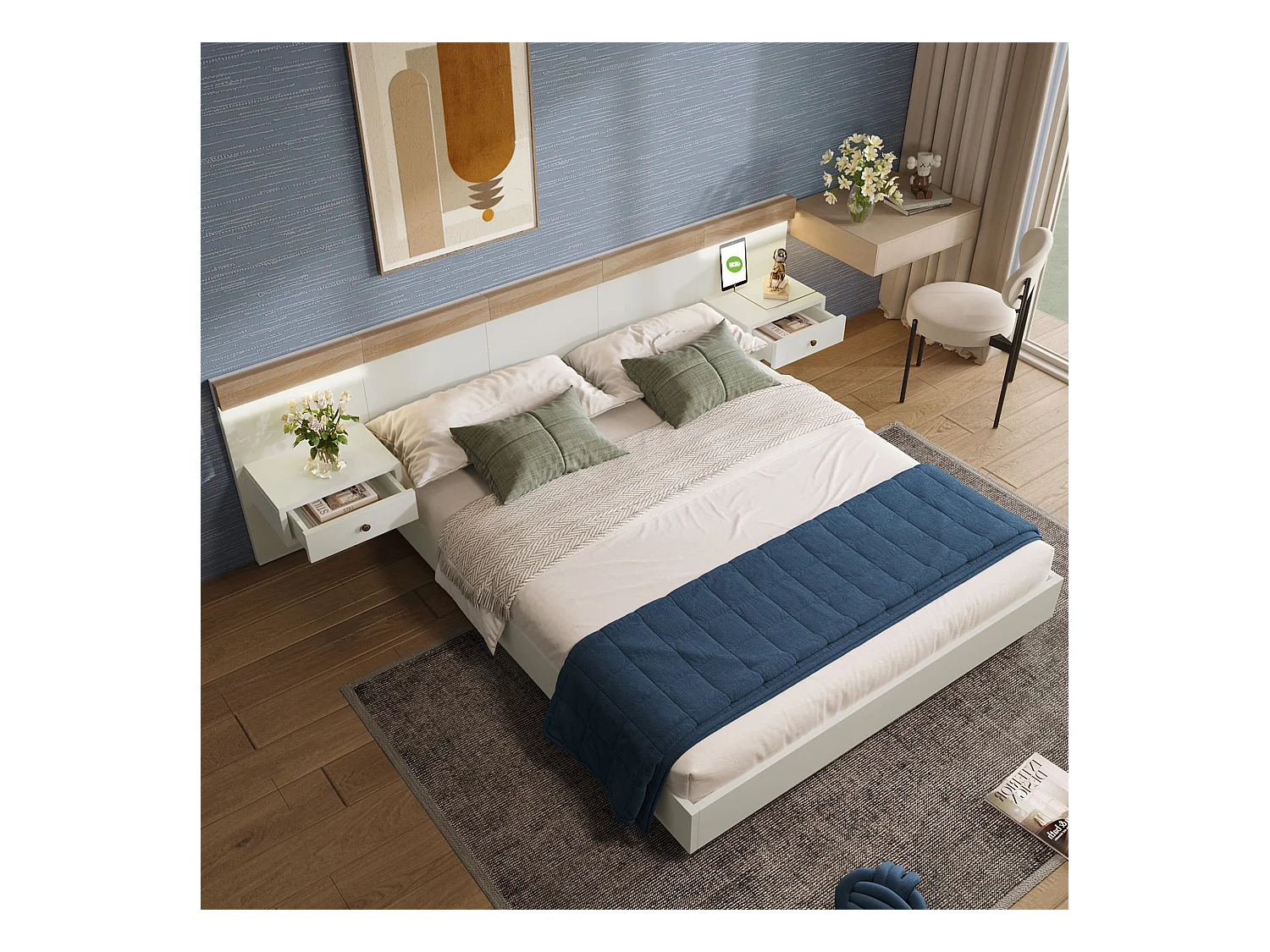 Lit Double En Bois 140 X 200 cm + 2 Tables De Chevet Avec LED et Usb - 205 X 244 X 90,5 cm - Chêne/Blanc - Sans Matelas