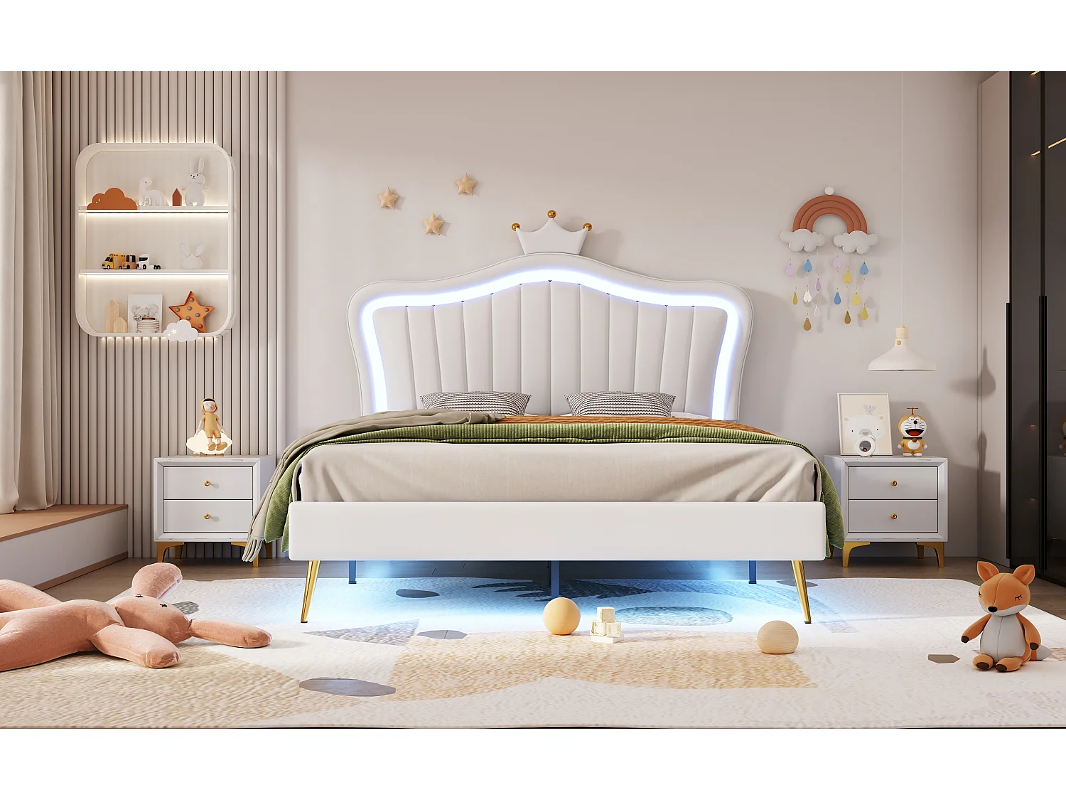 Lit Double Capitonné 140 X 200 cm - Cadre De Lit Couronne Blanche - En Cuir Pu Avec LED - Sommier À Lattes et Dossier - Sans Matelas