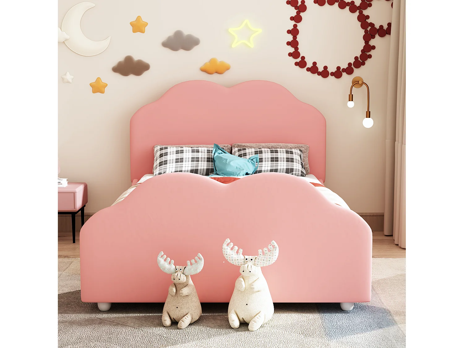 Lit Capitonné Simple 90 X 200 cm Cadre De Lit À Balustrade Avec Tête et Pied De Lit En Forme De Nuage - Rose