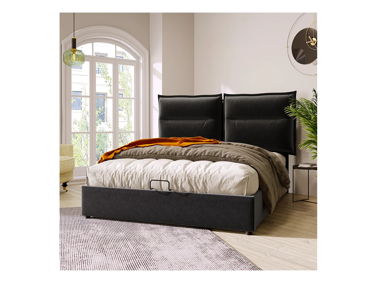 Lit Hydraulique Double - 140 X 200 cm - Structure Métallique - Velours - Espace De Rangement - Noir - Matelas Inclus