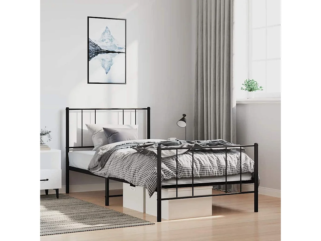 Cadre de lit métal sans matelas avec pied de lit noir 100x190cm