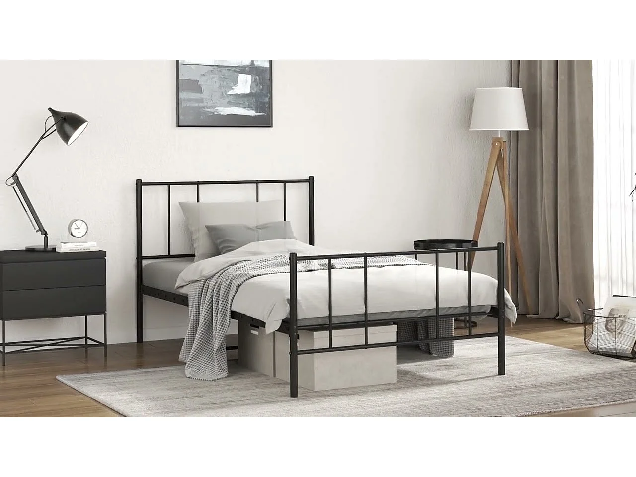 Cadre de lit métal sans matelas avec pied de lit noir 100x190cm