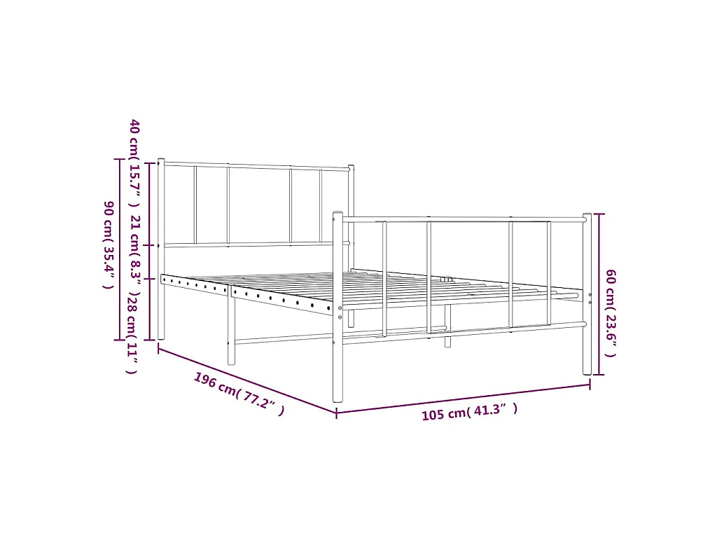 Cadre de lit métal sans matelas avec pied de lit noir 100x190cm
