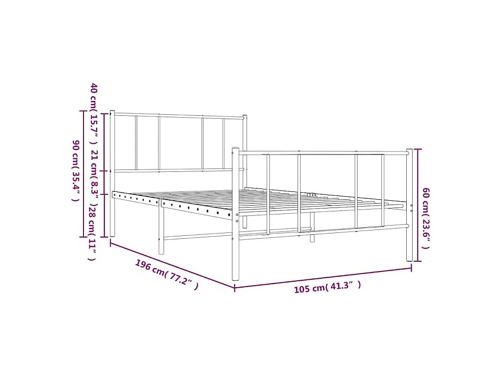 Cadre de lit métal sans matelas avec pied de lit noir 100x190cm