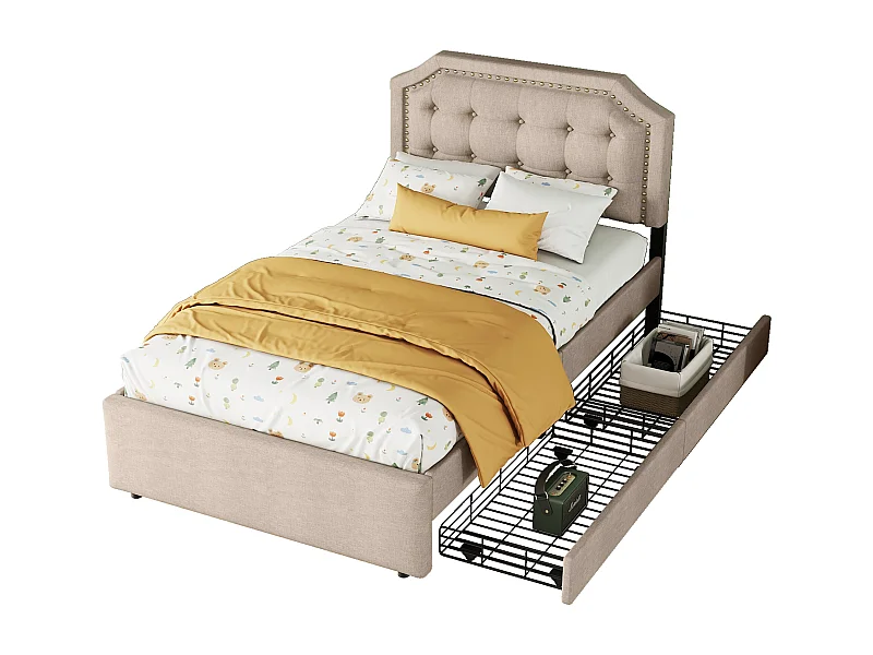 Lit plat rembourré beige foncé 90 * 200 cm, double tiroir, tête de lit avec rivets décoratifs