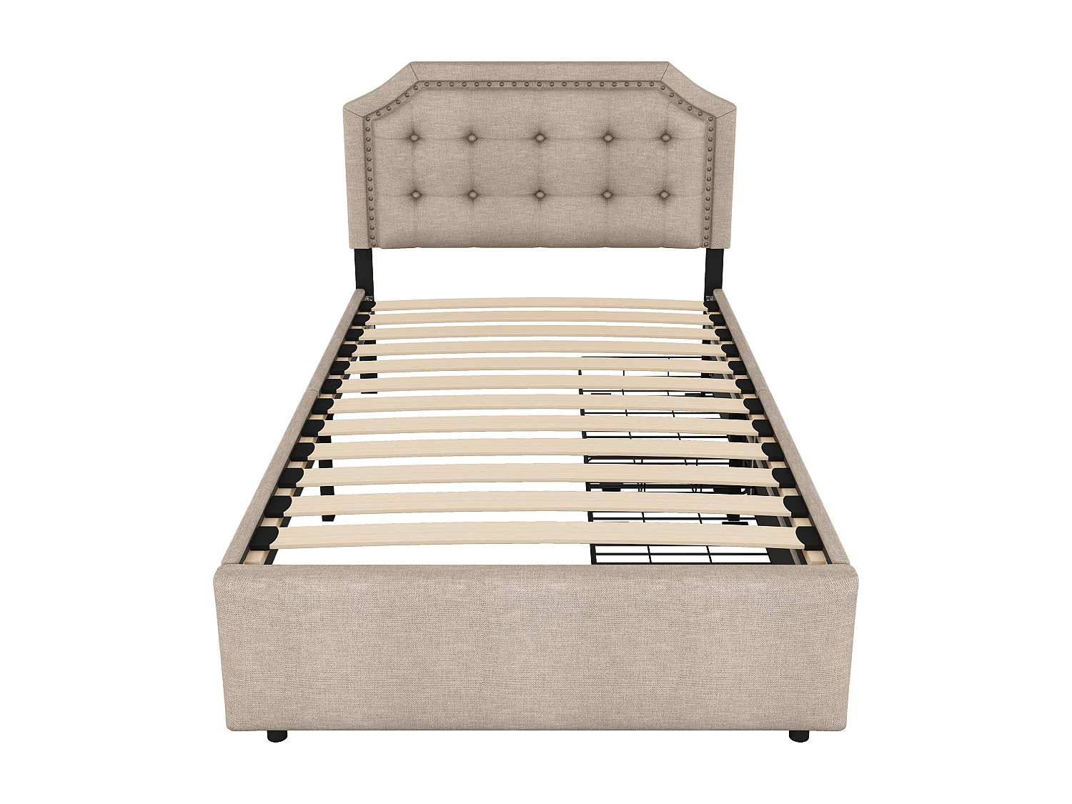 Lit plat rembourré beige foncé 90 * 200 cm, double tiroir, tête de lit avec rivets décoratifs