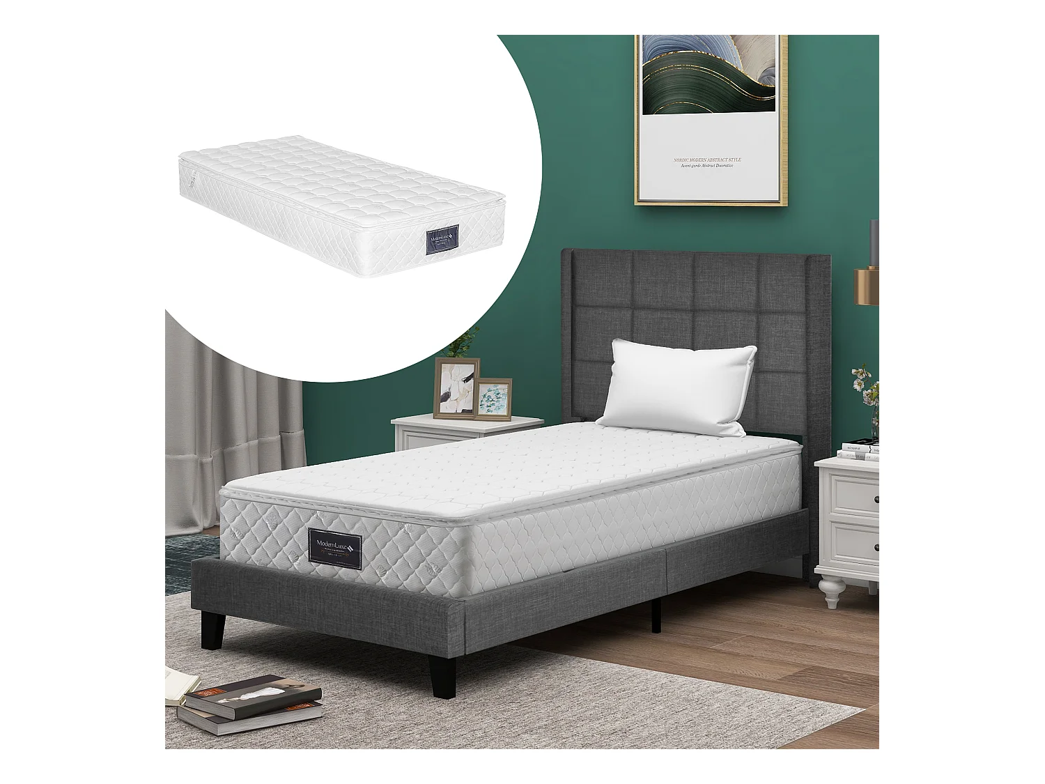 Lit Rembourré Simple 90 X 200 cm Moderne Avec Tête De Lit - Sommier À Lattes - Lin - Gris - Matelas Inclus