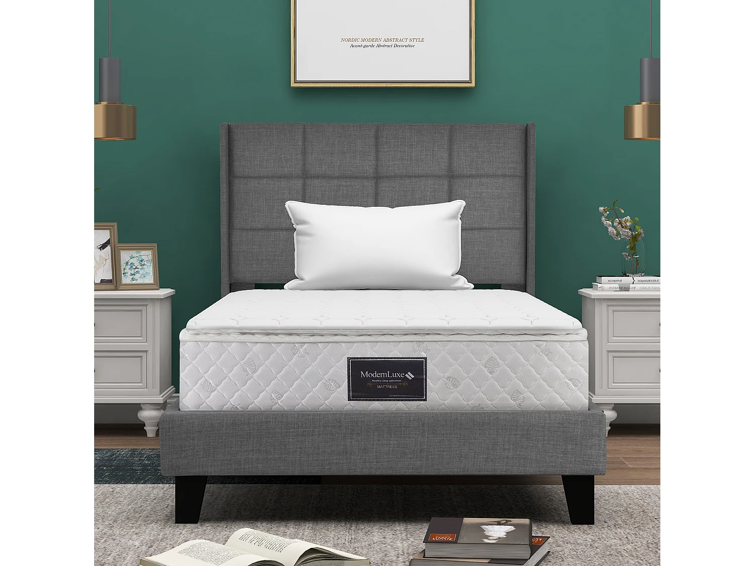 Lit Rembourré Simple 90 X 200 cm Moderne Avec Tête De Lit - Sommier À Lattes - Lin - Gris - Matelas Inclus