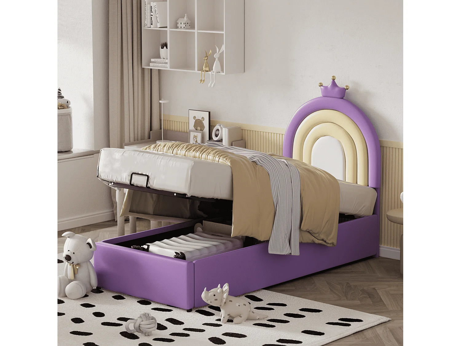 Lit rembourré Violet clair 90 * 200, lit Junior avec cadre à lattes et tête de lit, support de lattes en bois, tête de lit réglable en hauteur