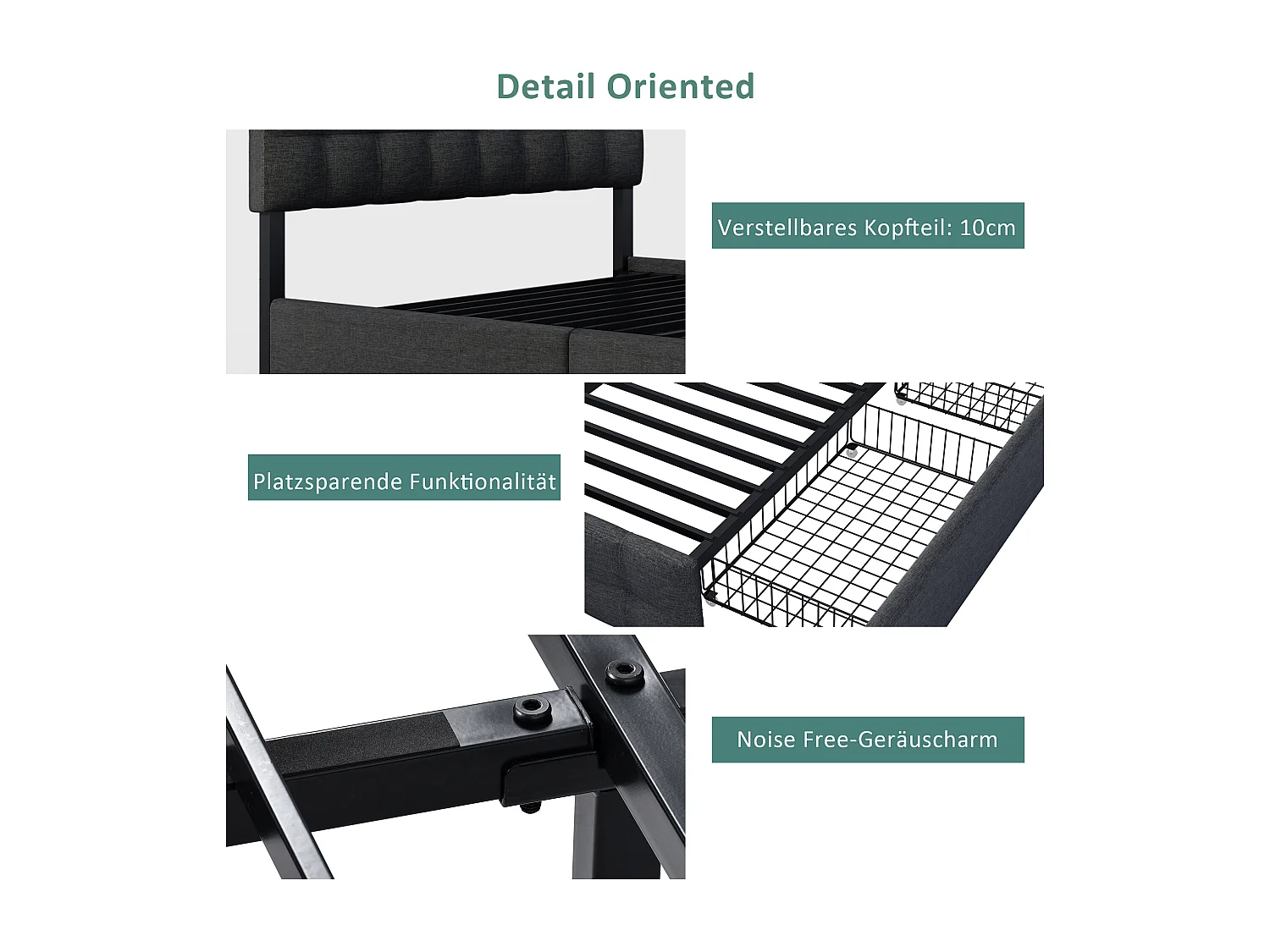 Lit Capitonné 140*200 cm Avec 4 Tiroirs - Sommier À Lattes - Coffre - Tête De Lit Réglable - Support En Métal - Lin Noir - Sans Matelas