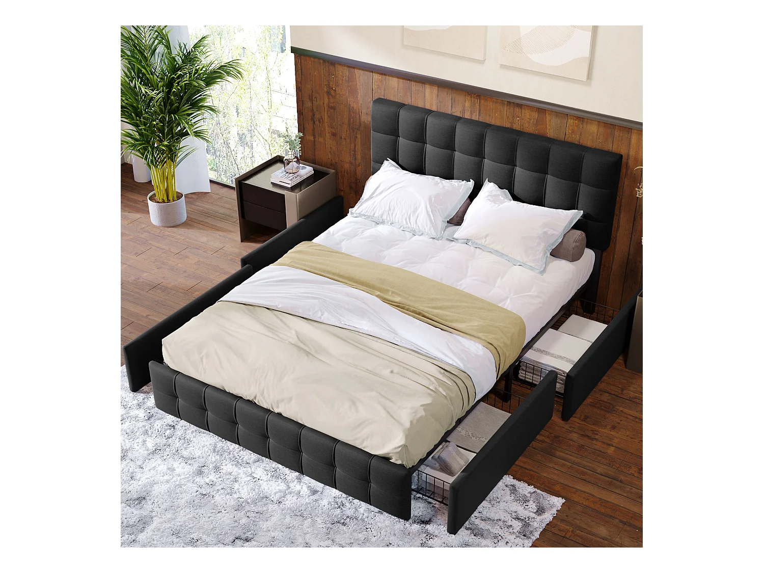 Lit Capitonné 140*200 cm Avec 4 Tiroirs - Sommier À Lattes - Coffre - Tête De Lit Réglable - Support En Métal - Lin Noir - Sans Matelas