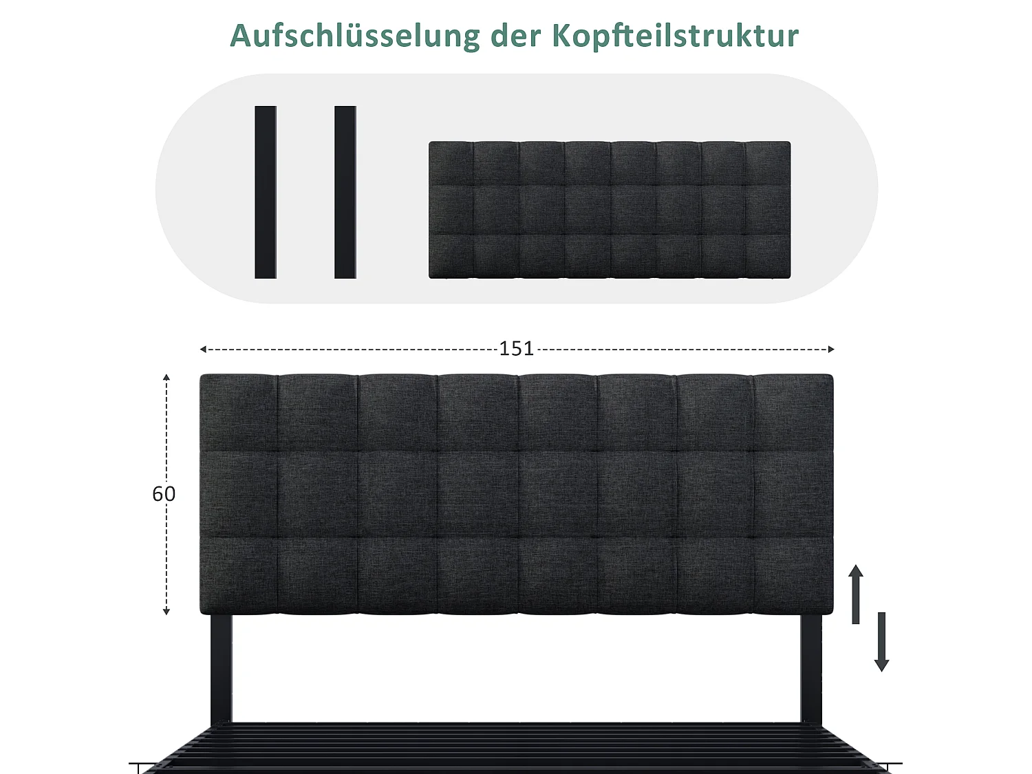 Lit Capitonné 140*200 cm Avec 4 Tiroirs - Sommier À Lattes - Coffre - Tête De Lit Réglable - Support En Métal - Lin Noir - Sans Matelas