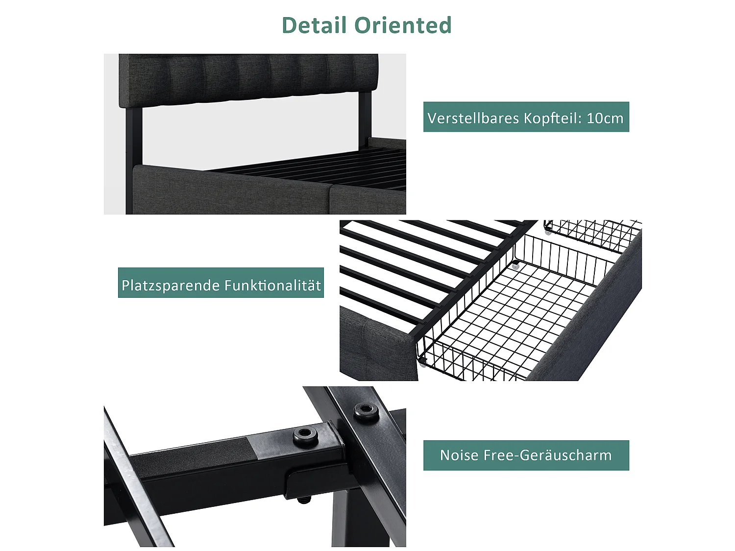 Lit Capitonné 140*200 cm Avec 4 Tiroirs - Sommier À Lattes - Coffre - Tête De Lit Réglable - Support En Métal - Lin Noir - Sans Matelas