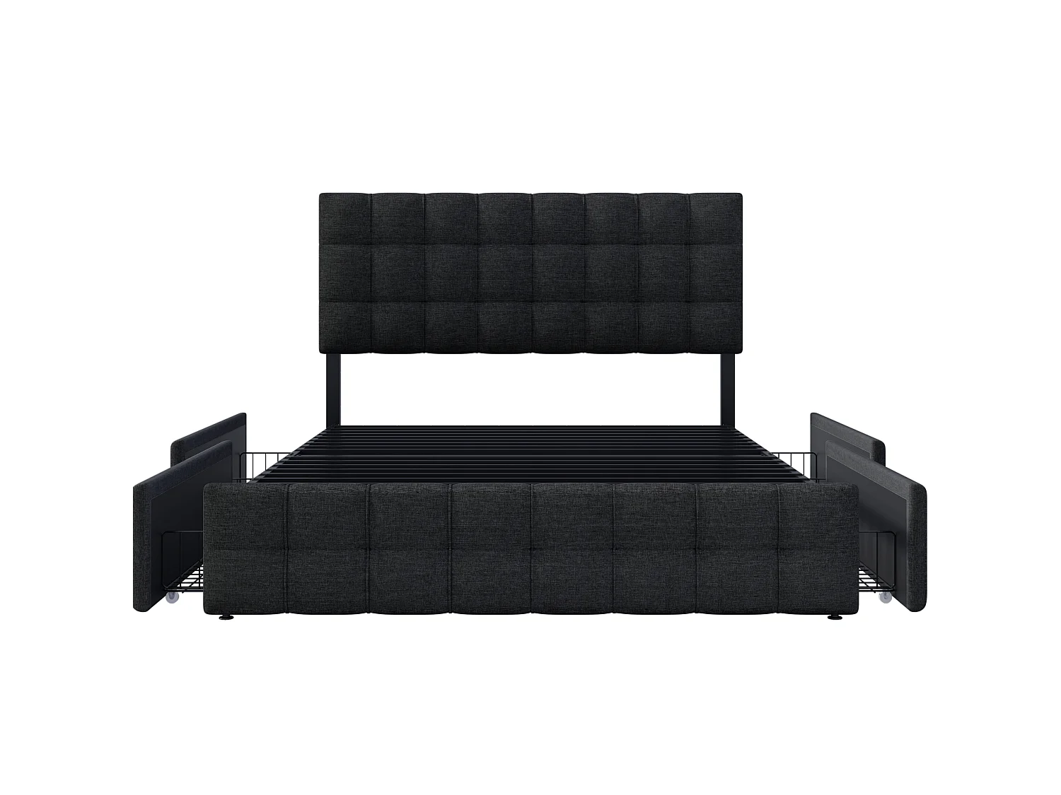 Lit Capitonné 140*200 cm Avec 4 Tiroirs - Sommier À Lattes - Coffre - Tête De Lit Réglable - Support En Métal - Lin Noir - Sans Matelas