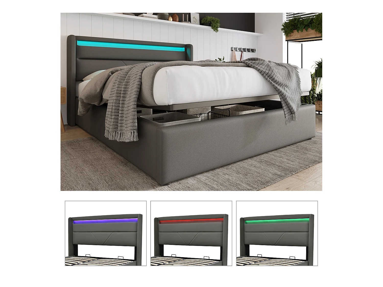 Lit coffre double avec barre d'éclairage LED, Lit double Cadre de lit Lit capitonné 140x200cm, Lit fonctionnel, Gris (Avec télécommande)
