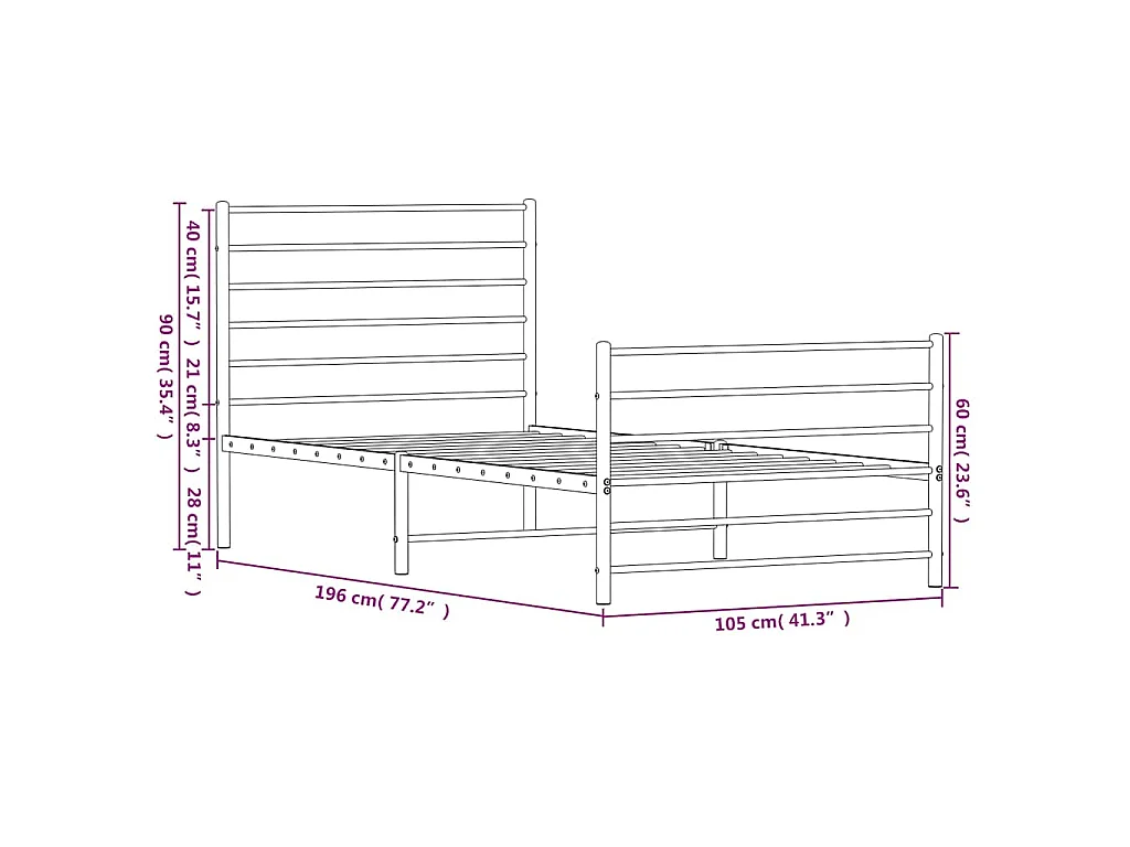 Cadre de lit métal sans matelas et pied de lit blanc 100x190 cm