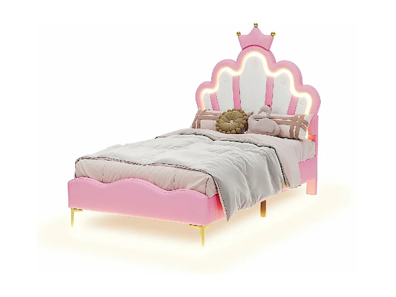 Cama acolchoada para adulto 180 x 857 cm, sem cabeceira, com faixa LED (monocromática), base com suspensão hidráulica, bege.