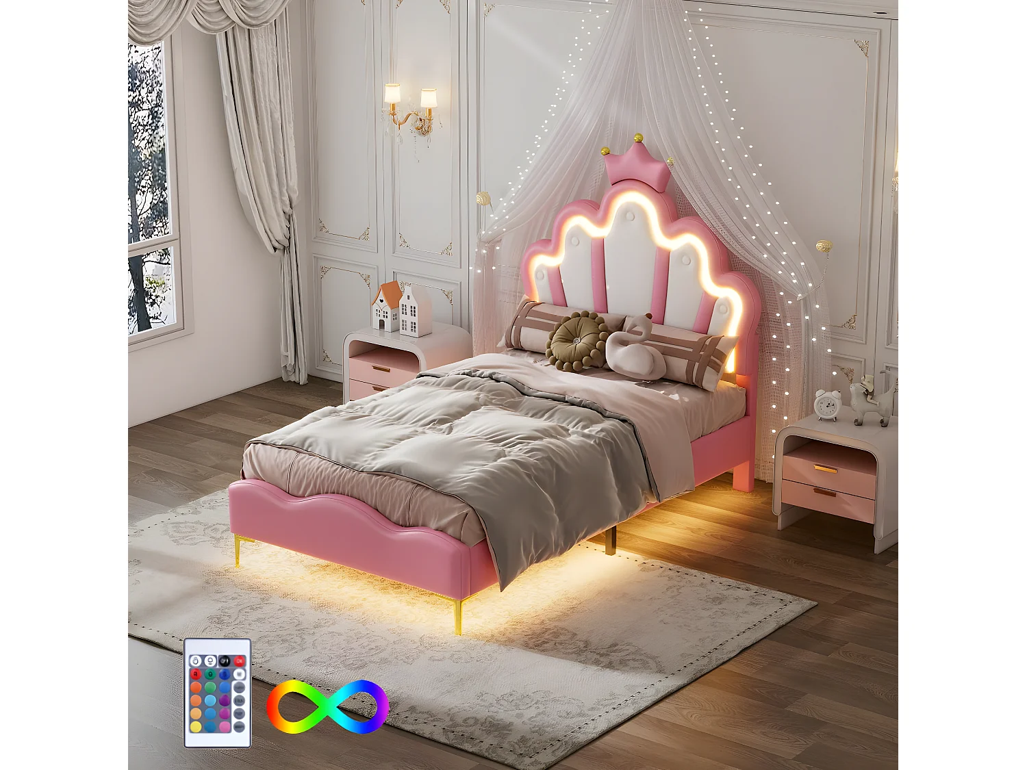Lit simple plat rose 90 * 200cm, intérieur en cuir pu souple, bande lumineuse d'ambiance LED réglable