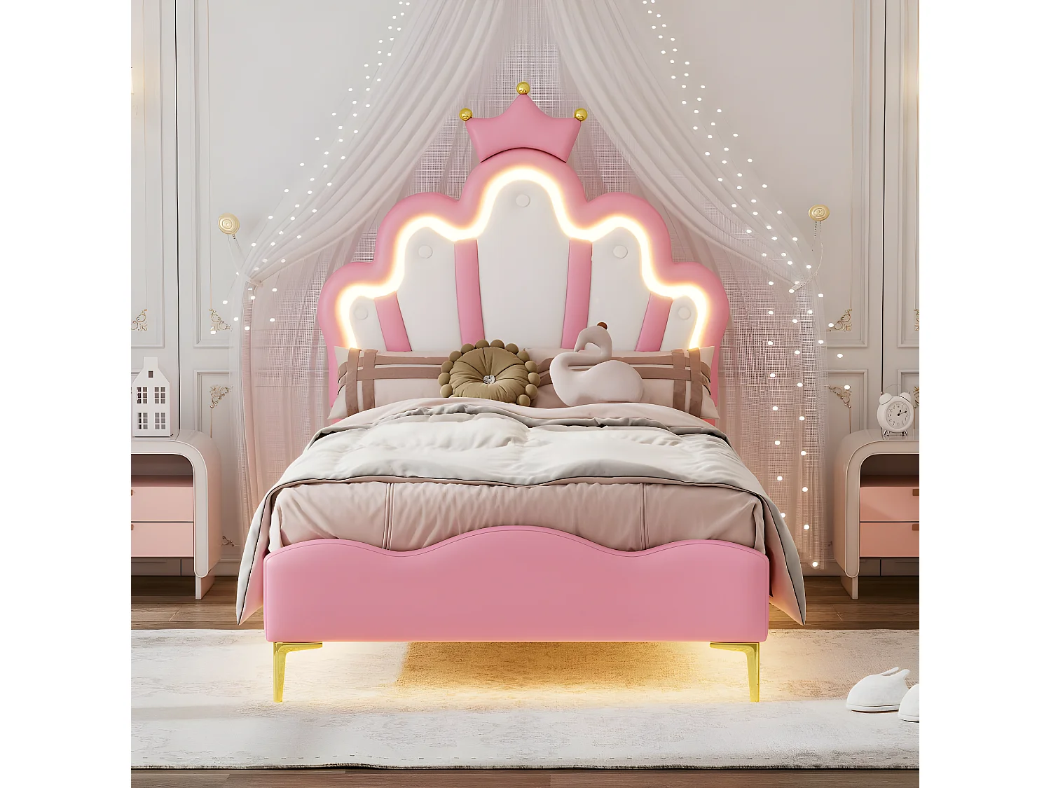 Lit simple plat rose 90 * 200cm, intérieur en cuir pu souple, bande lumineuse d'ambiance LED réglable
