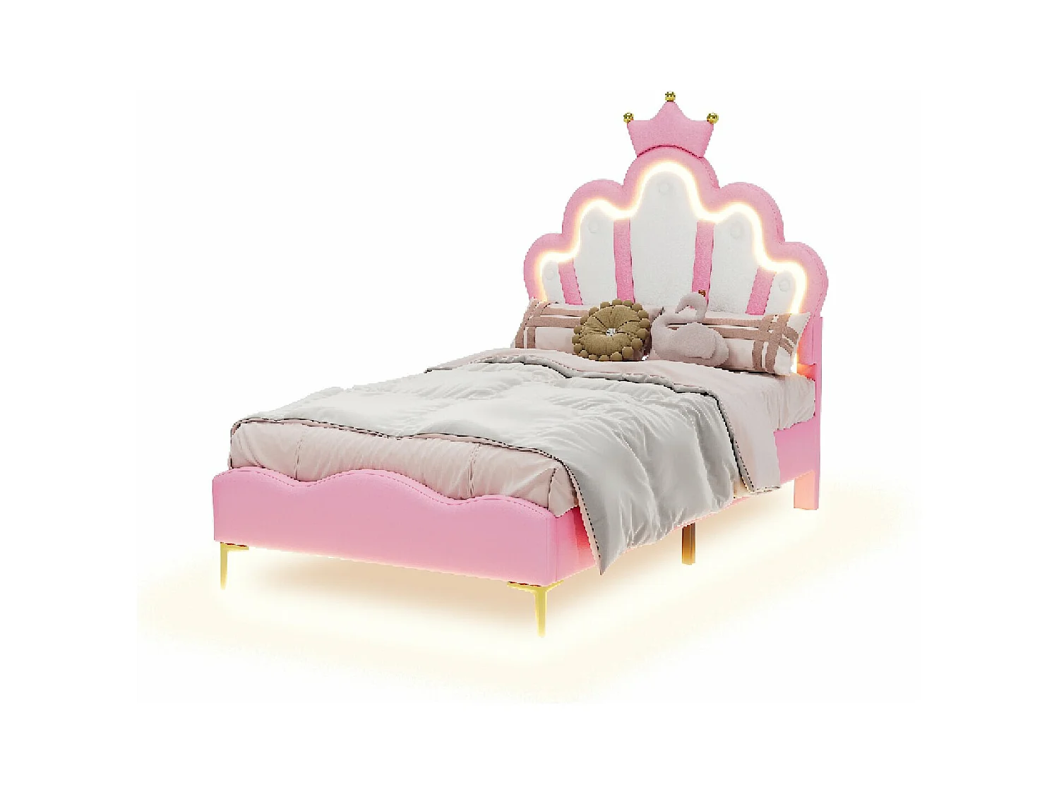 Lit simple plat rose 90 * 200cm, intérieur en cuir pu souple, bande lumineuse d'ambiance LED réglable
