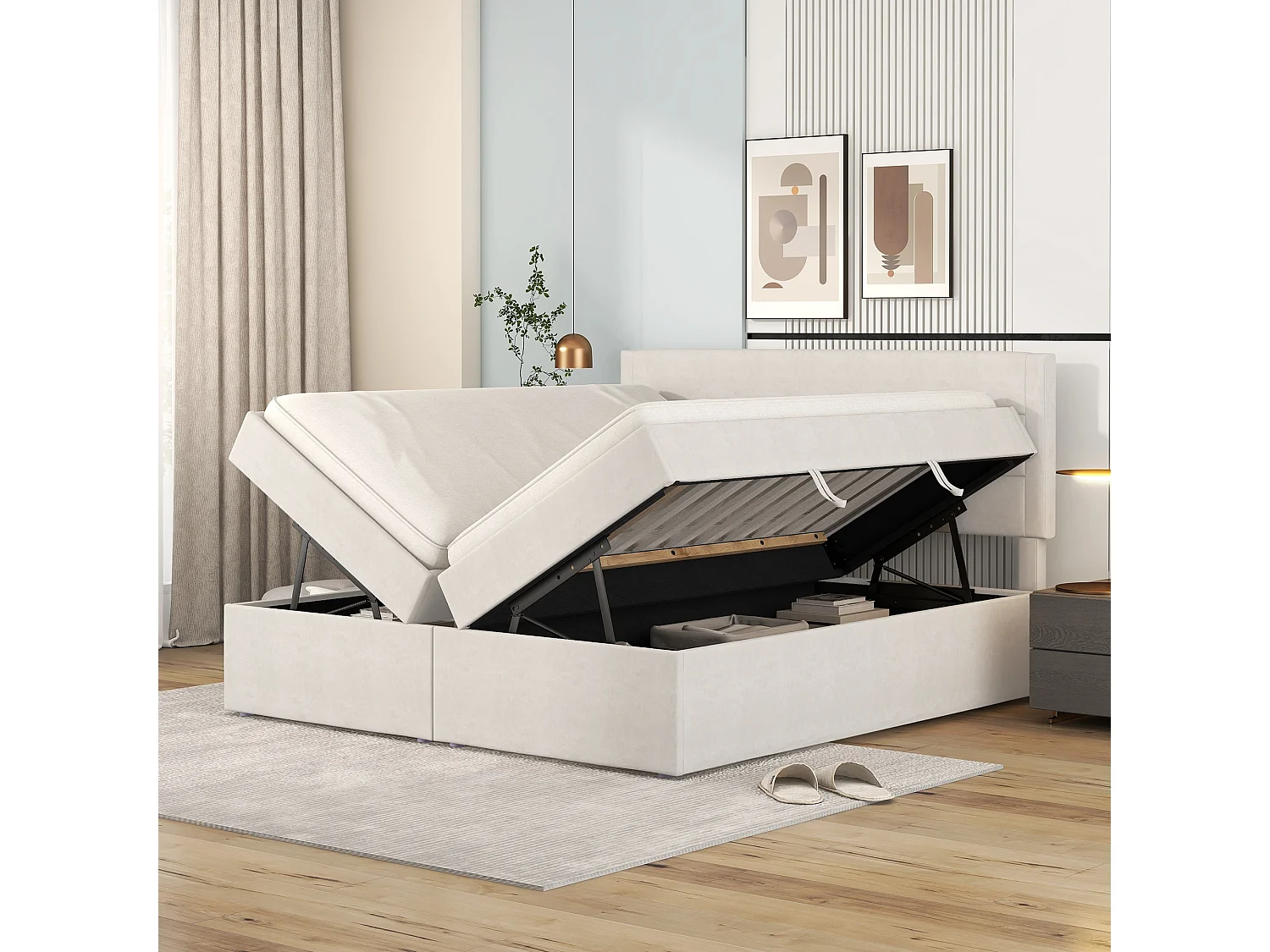 Lit Rembourré Double 200 X 140 cm Avec Sommier À Lattes En Métal - Grand Espace De Rangement - Ouvrant Des Deux Côtés - Beige